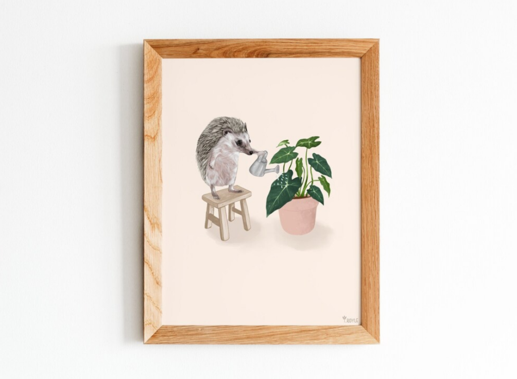 Hedgehog Watering Plant Print