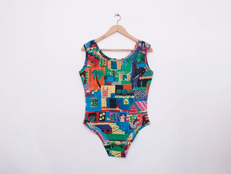 vintage colorful print bodysuit