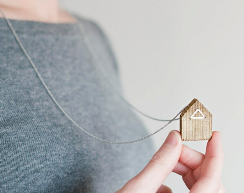 wood house pendant necklace