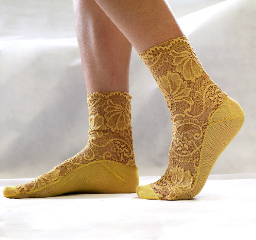 mustard yellow lace socks