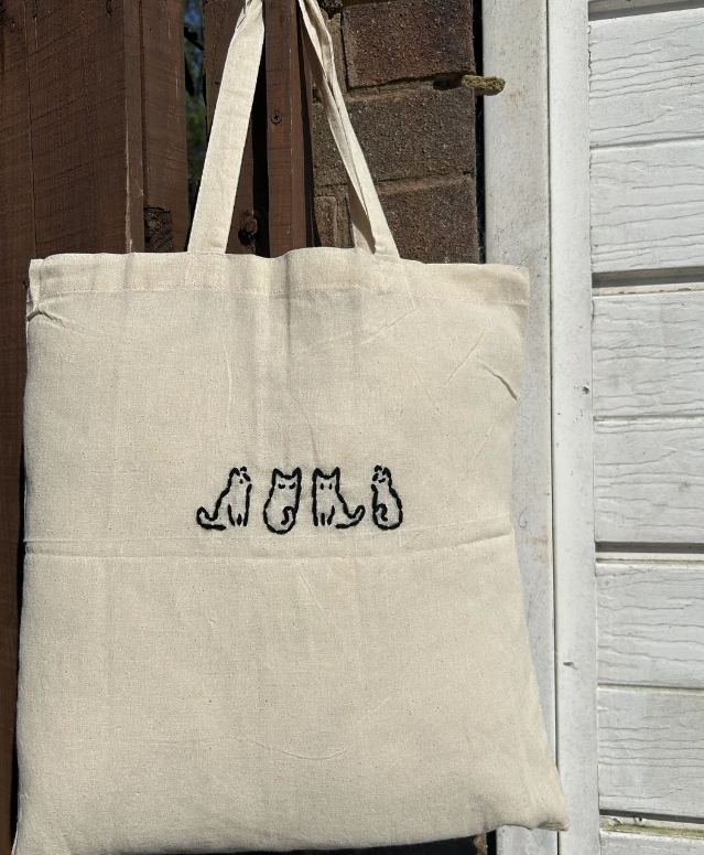 Hand Embroidered Cats tote bag